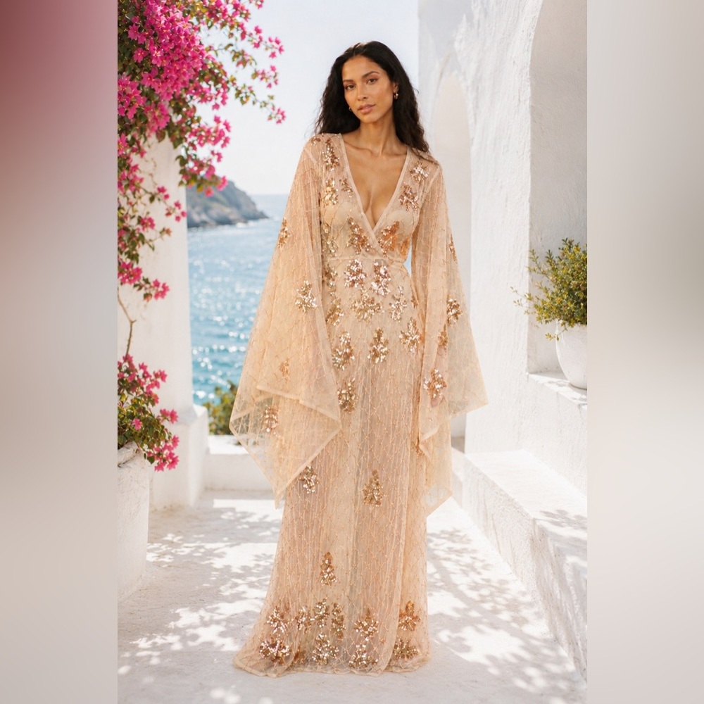 Champagne Gold Sequin Bell Sleeve Maxi Dress | Glam Resort wear